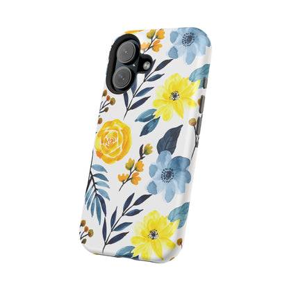 Golden Yellow & Sky Blue Floral – Watercolor Botanical MagSafe iPhone Case