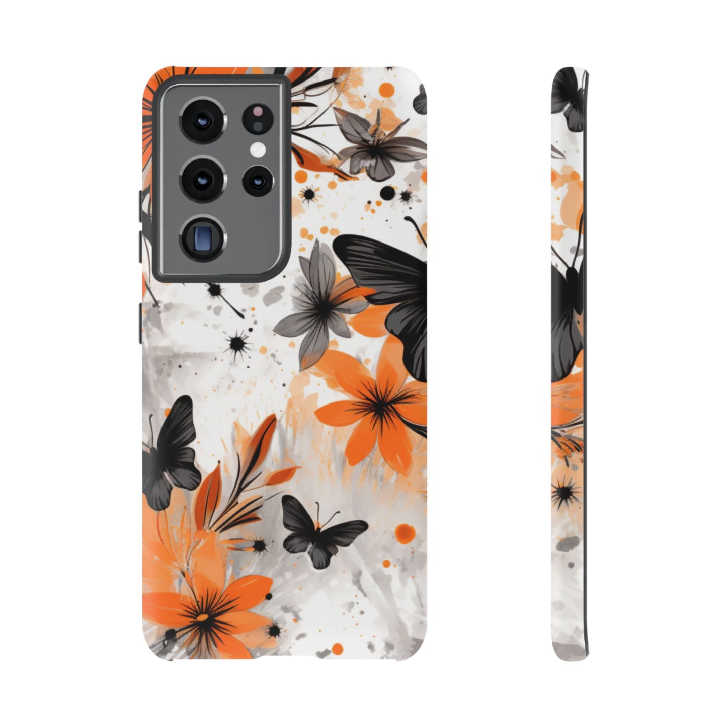 Orange Blossom & Black Butterfly Samsung Galaxy Case – Bold Floral Pattern with Modern Abstract Style