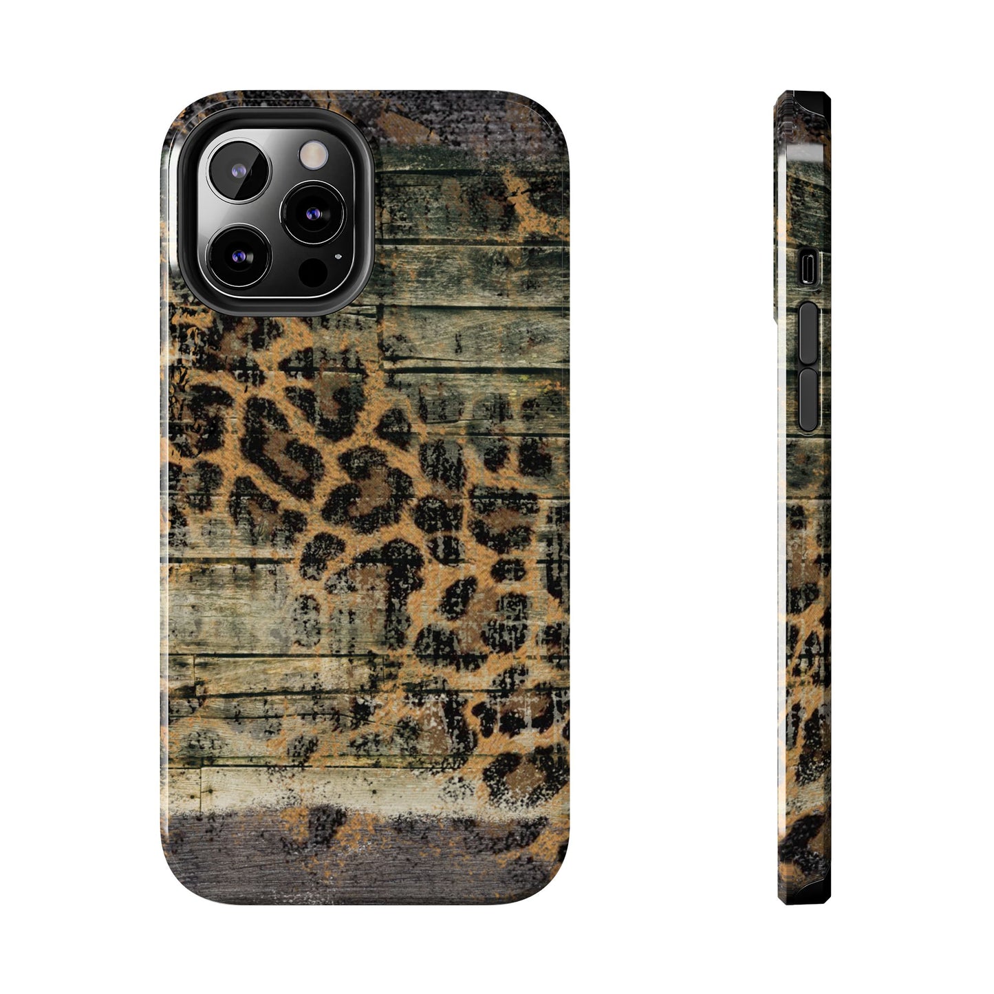 Rustic Wood and Leopard Print Tough iPhone Case – Distressed Western Design with Dual-Layer Protection