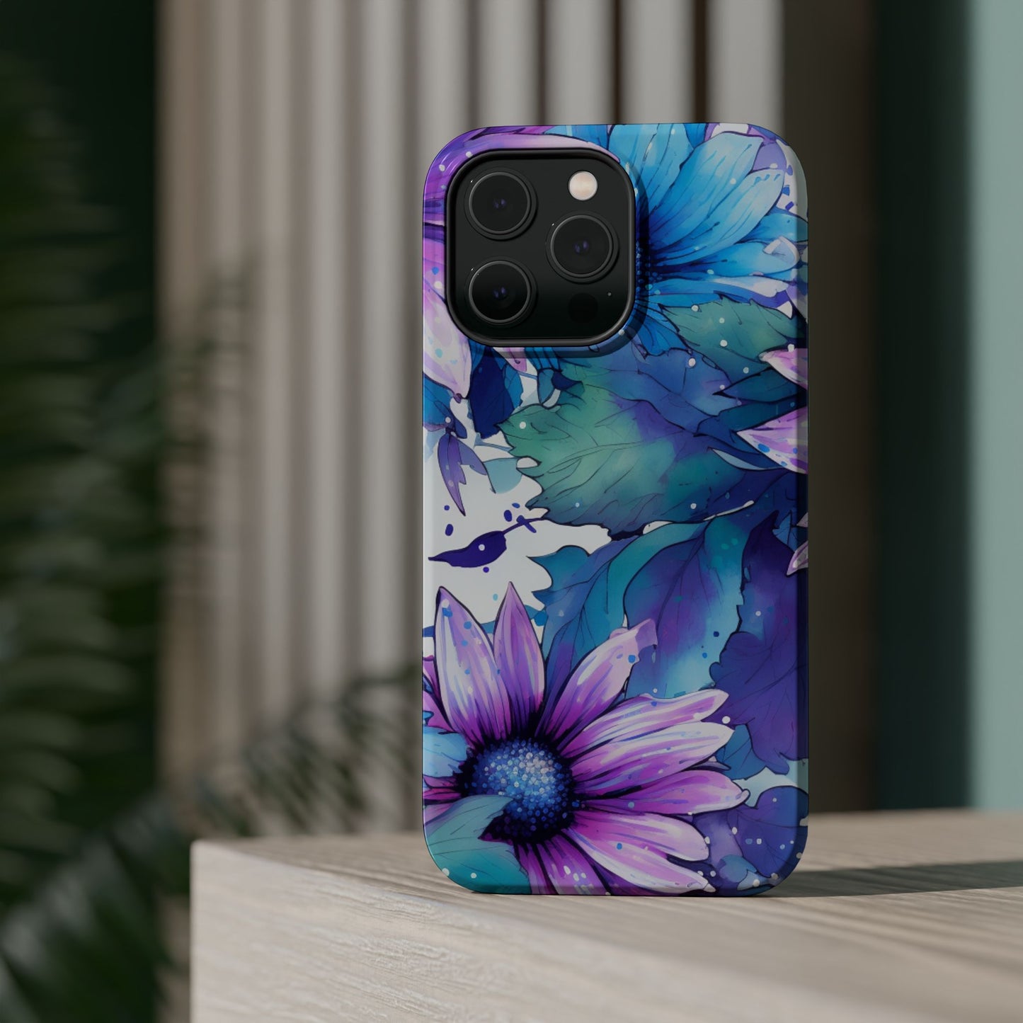 Purple & Teal Watercolor Floral MagSafe iPhone Case - Artistic Flower Design