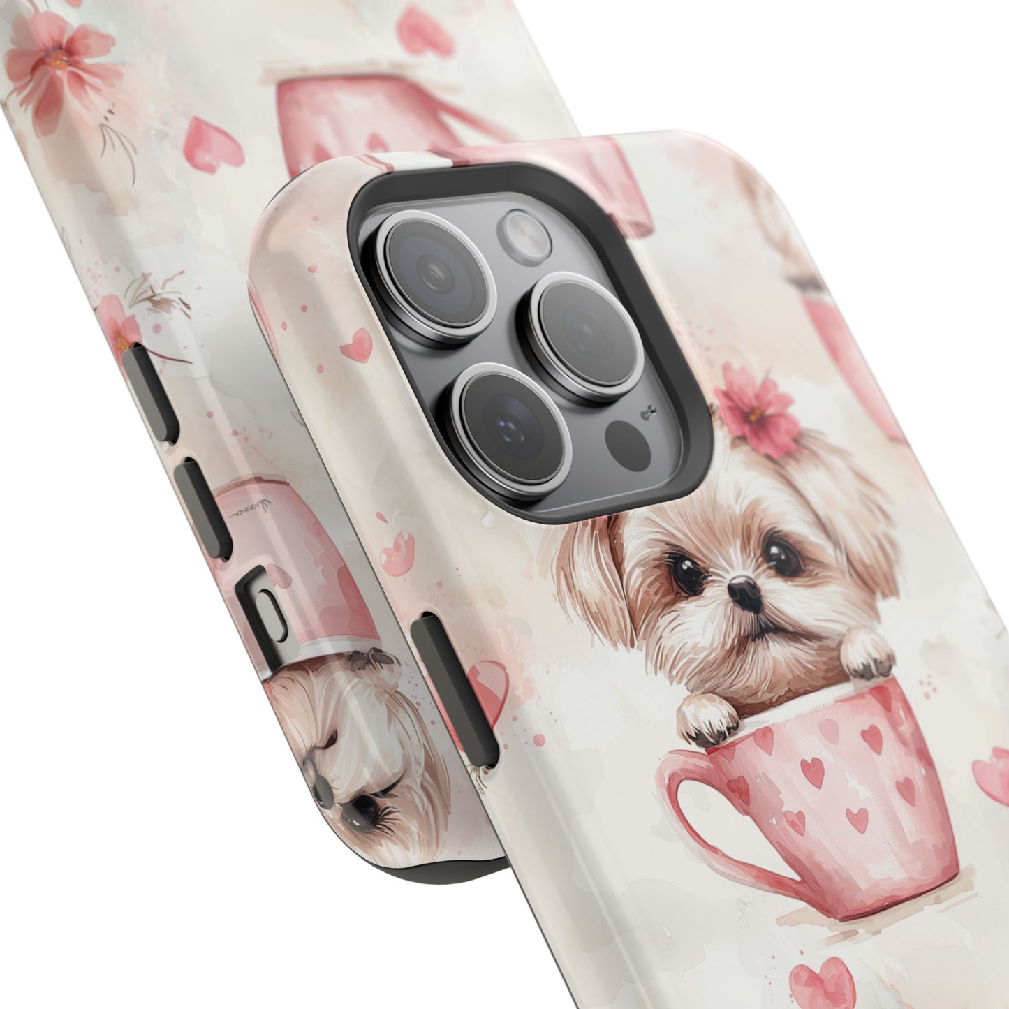 Floral Puppy in Teacup MagSafe iPhone Case – Cute Pink Flower Design, Tough Dual-Layer Protection