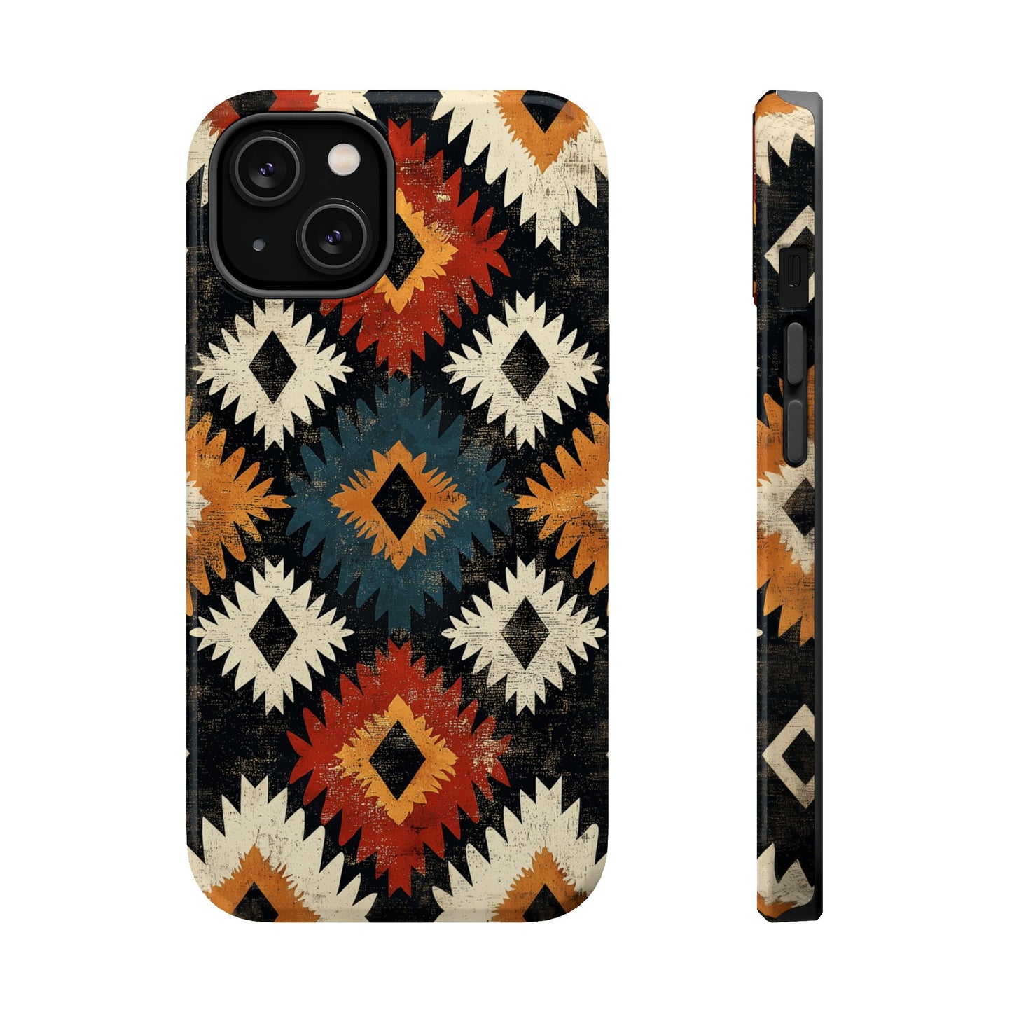 Rustic Tribal Sunburst Tough MagSafe iPhone Case – Vibrant Geometric Design, Dual-Layer Protection