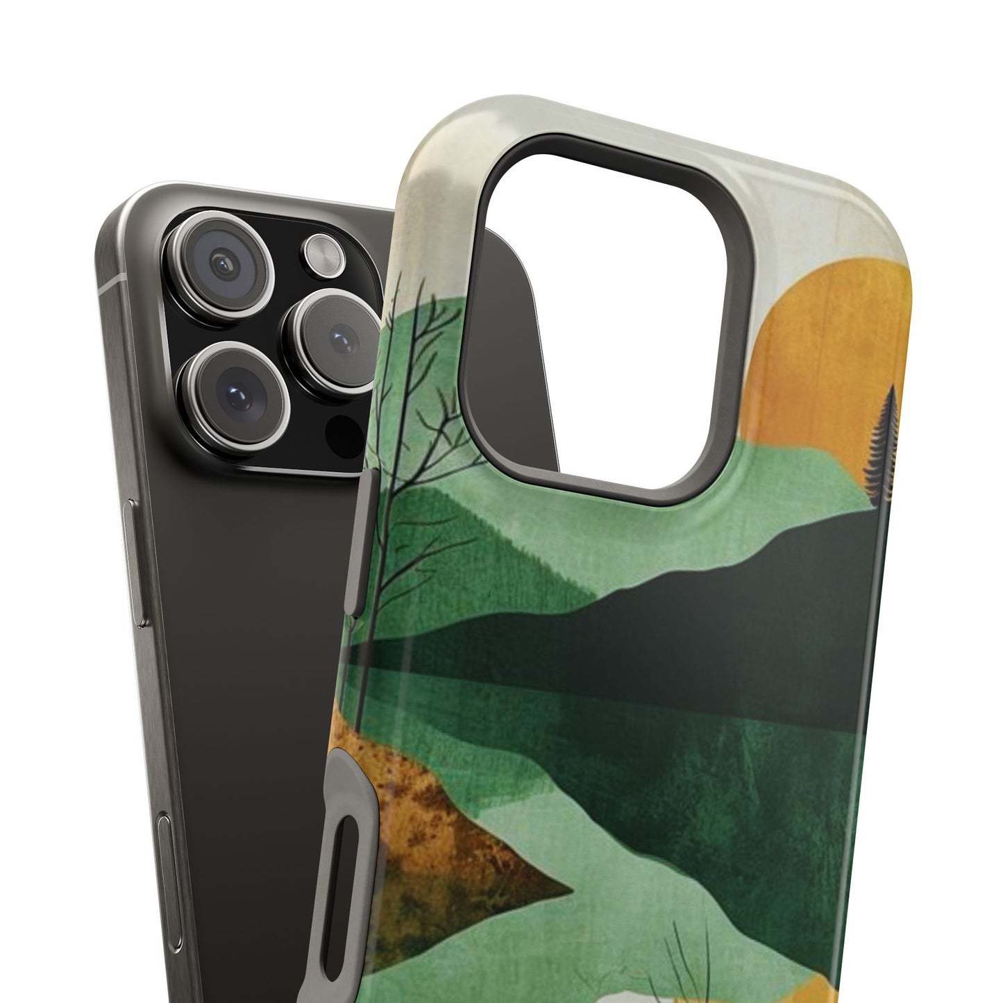 Retro Mountain Sunrise MagSafe iPhone Case – Minimalist Landscape Design, Dual-Layer Protection