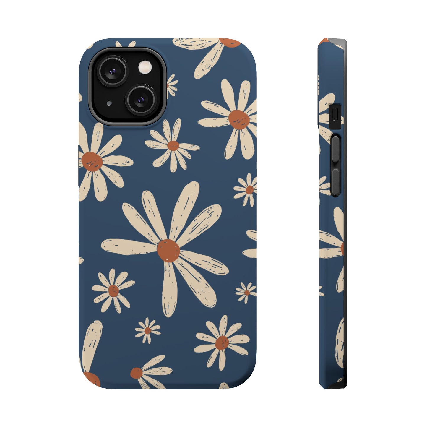 Vintage Daisies MagSafe iPhone Case – Navy Blue Floral Design, Scratch-Resistant with Shock-Absorbing Bumper