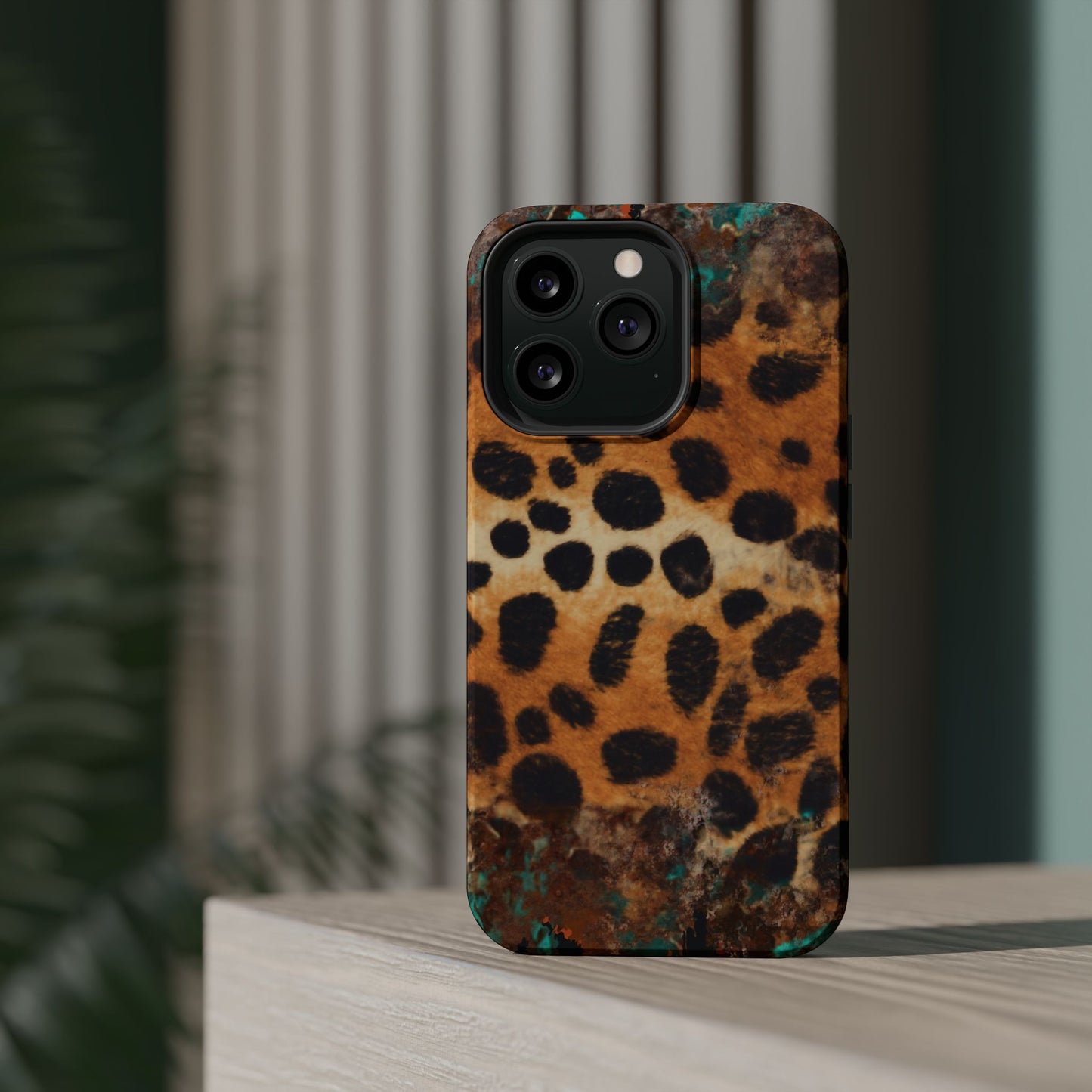 Rustic Leopard Print Tough MagSafe iPhone Case – Distressed Turquoise and Animal Pattern with Dual-Layer Protection