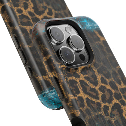 Boho Leopard and Turquoise Tough MagSafe iPhone Case – Rustic Western Design with Dual-Layer Protection