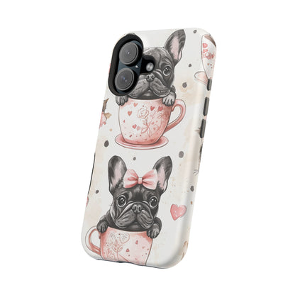 French Bulldogs in Teacups MagSafe iPhone Case – Cute Dog Design with Hearts & Bows, Shockproof & Slim