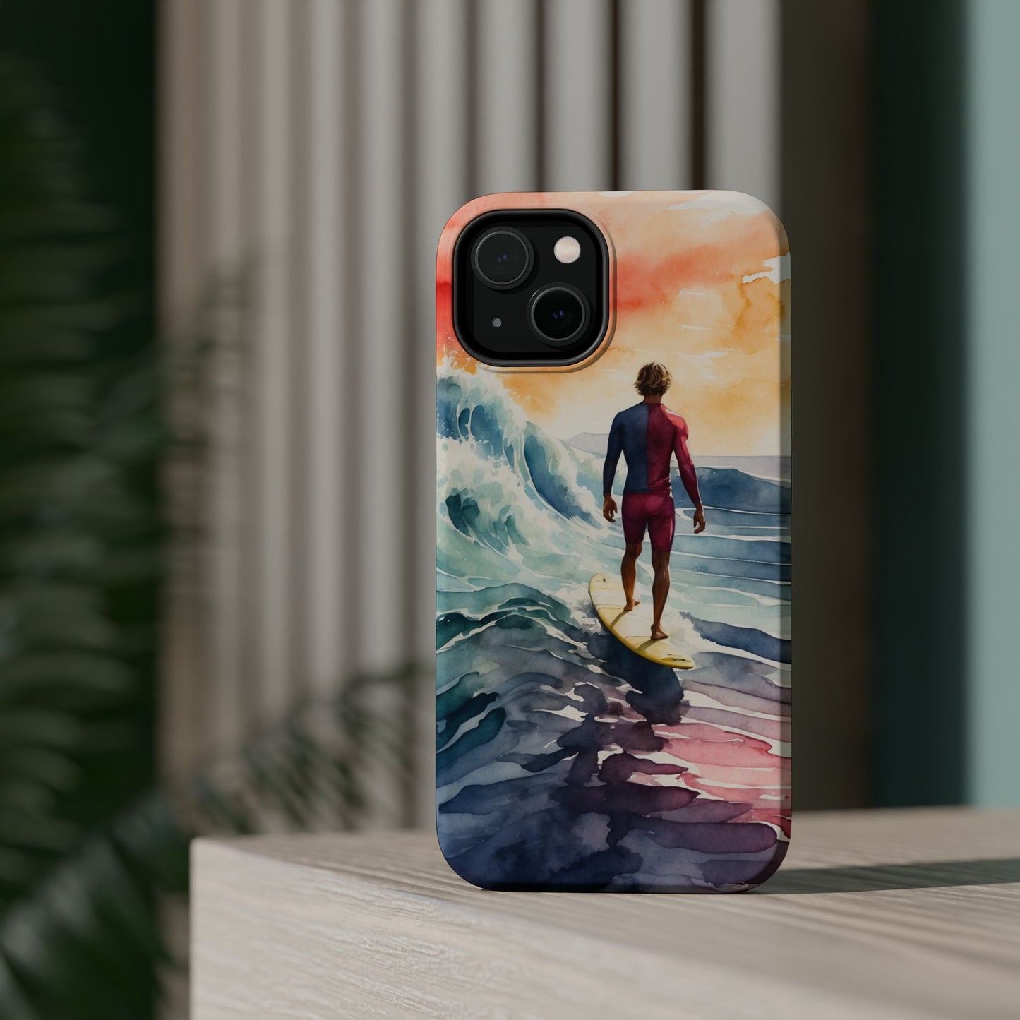 Surfer’s Sunset Wave MagSafe iPhone Case – Vibrant Watercolor Design