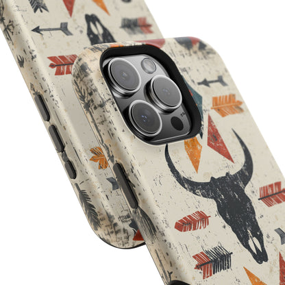 Tribal Bull Skull & Arrows Tough MagSafe iPhone Case – Rustic Western Design, Dual-Layer Protection