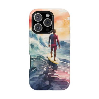 Surfer’s Sunset Wave MagSafe iPhone Case – Vibrant Watercolor Design