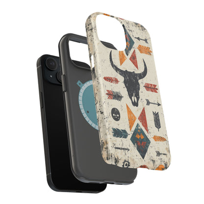 Tribal Bull Skull & Arrows Tough MagSafe iPhone Case – Rustic Western Design, Dual-Layer Protection