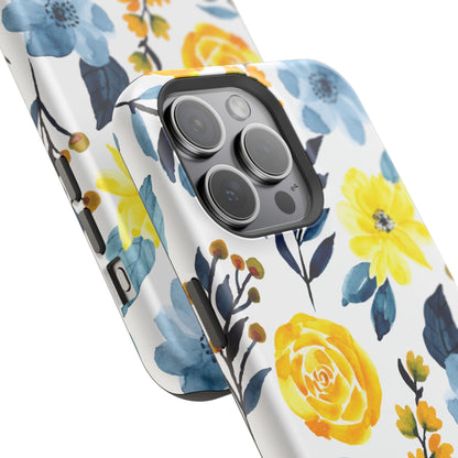 Golden Yellow & Sky Blue Floral – Watercolor Botanical MagSafe iPhone Case