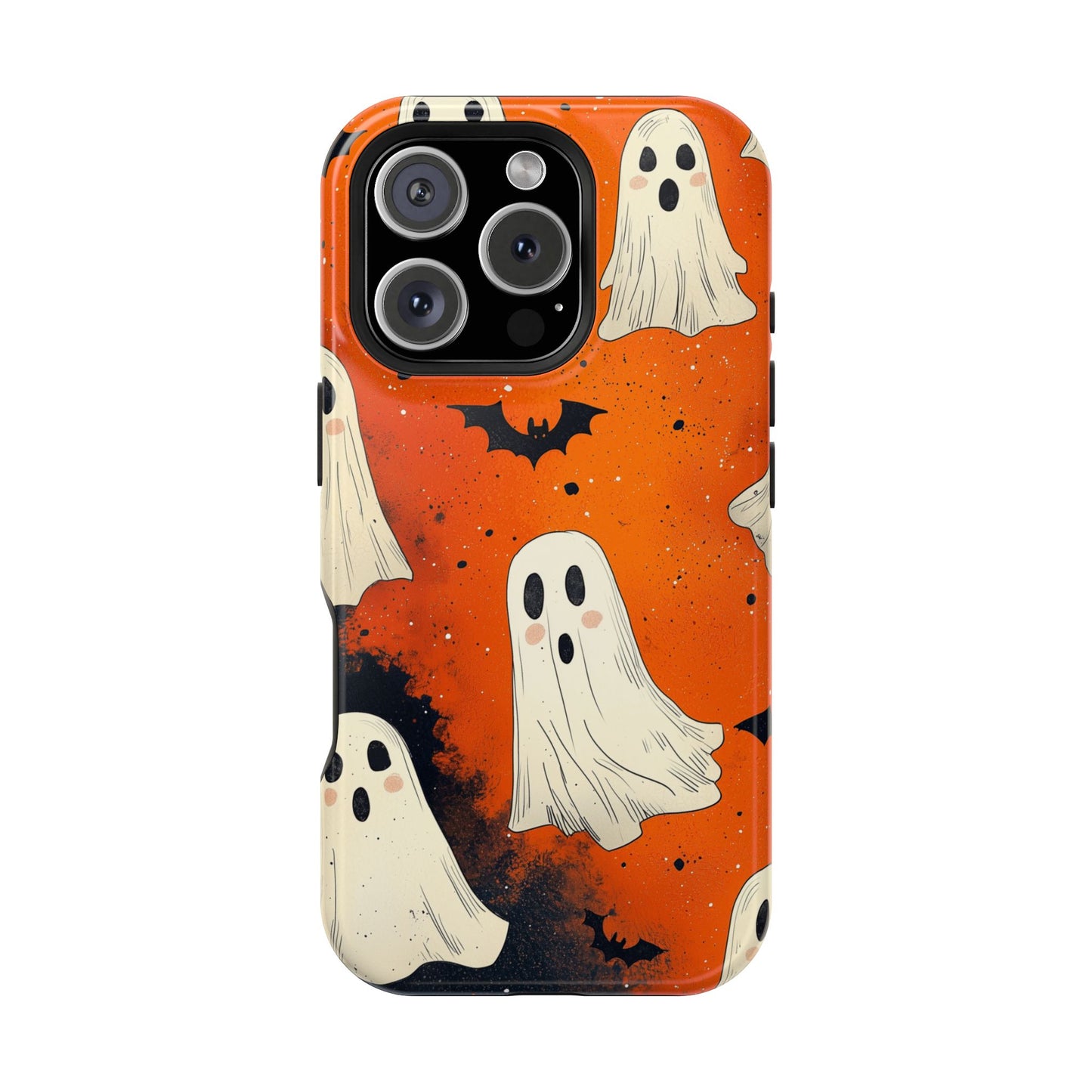 Spooky Ghosts & Bats  MagSafe iPhone Case – Vibrant Orange Halloween Design