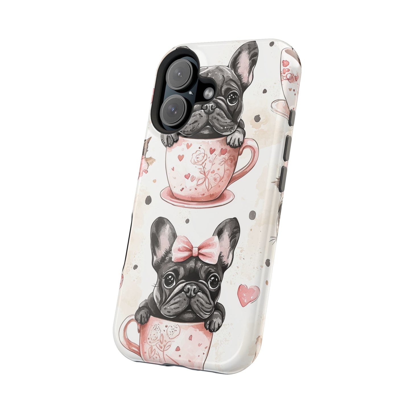 French Bulldogs in Teacups MagSafe iPhone Case – Cute Dog Design with Hearts & Bows, Shockproof & Slim