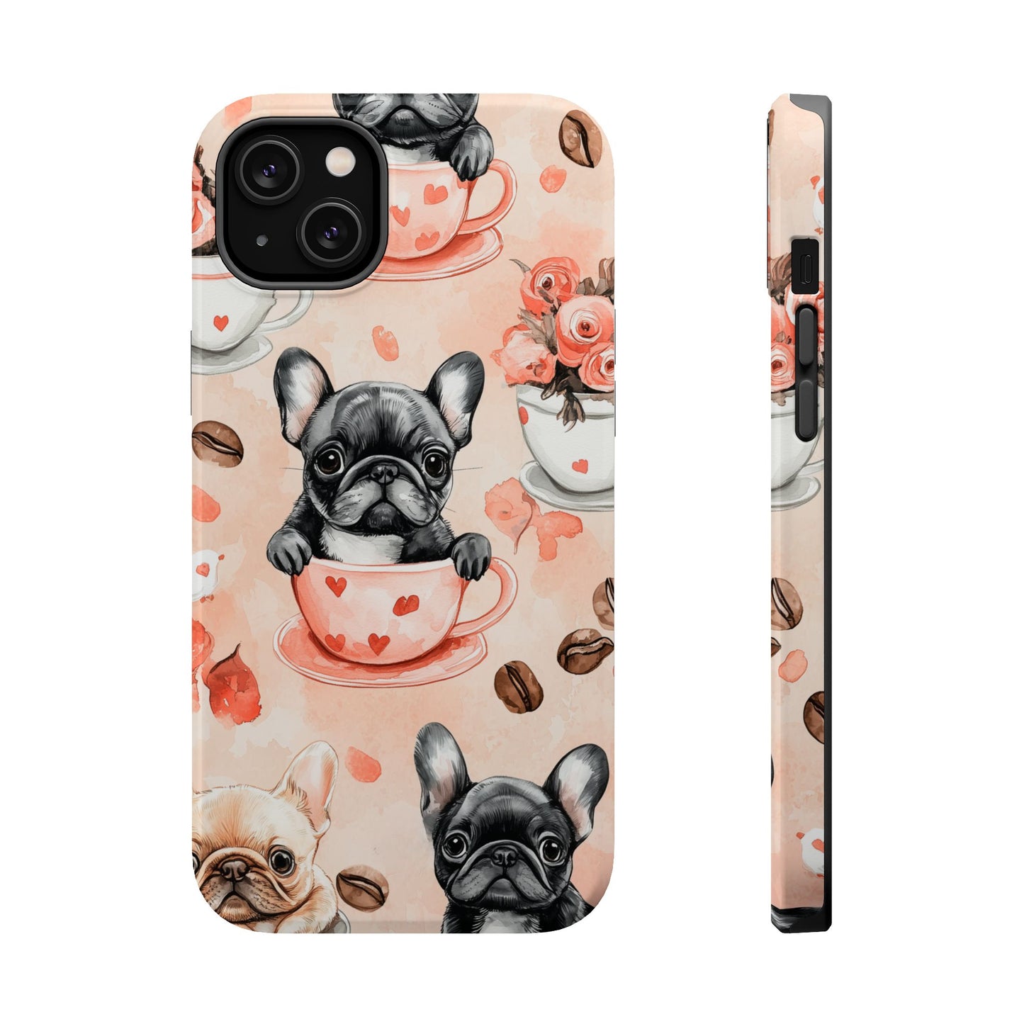 French Bulldogs in Heart Teacups MagSafe iPhone Case – Cute Dog & Floral Design, Shockproof Protection