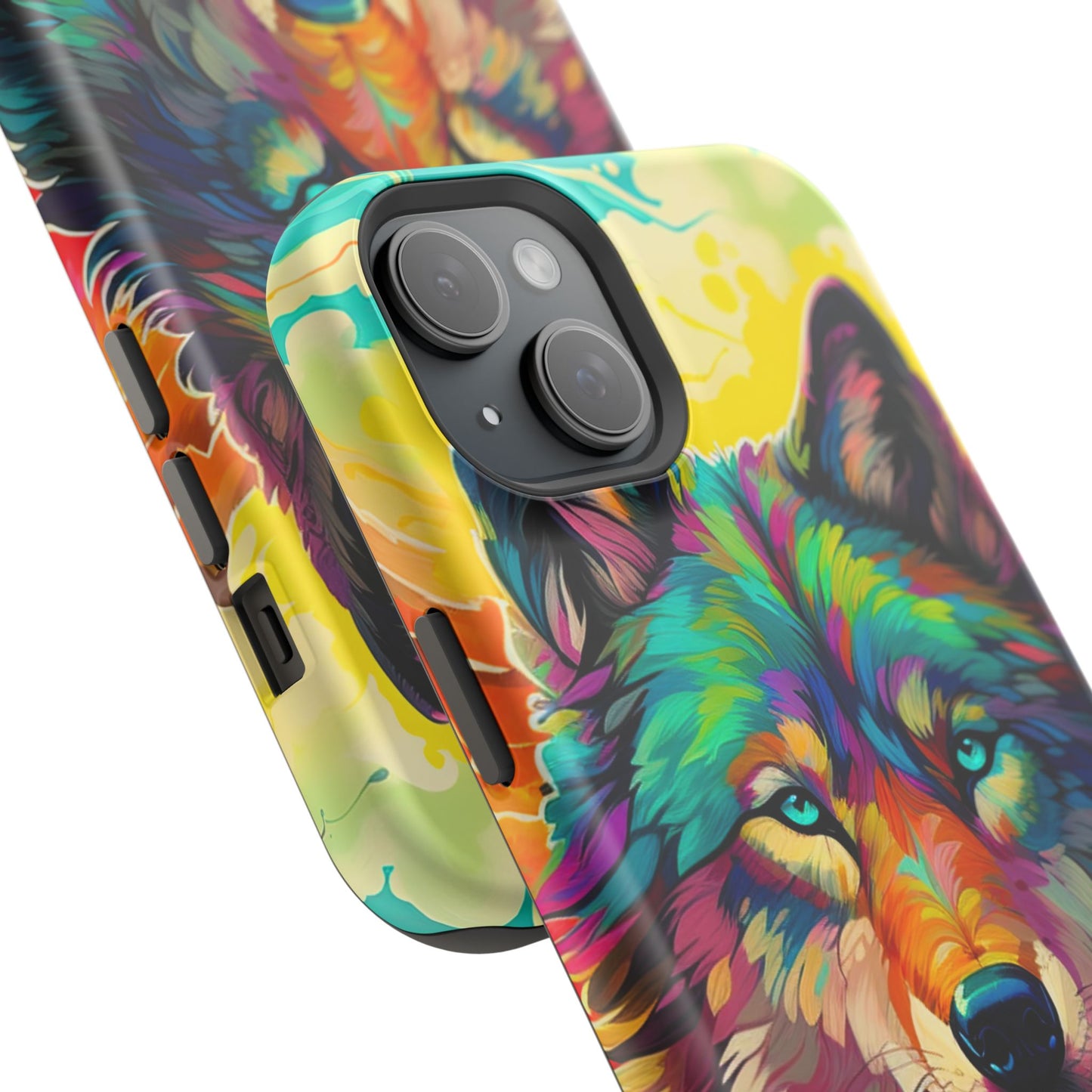 Rainbow Wolf in Bloom – MagSafe iPhone Case with Nature-Inspired Design