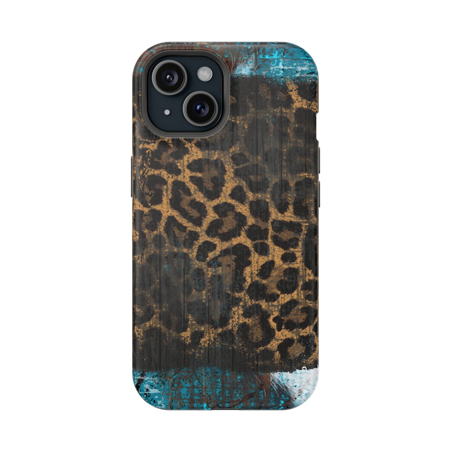 Boho Leopard and Turquoise Tough MagSafe iPhone Case – Rustic Western Design with Dual-Layer Protection