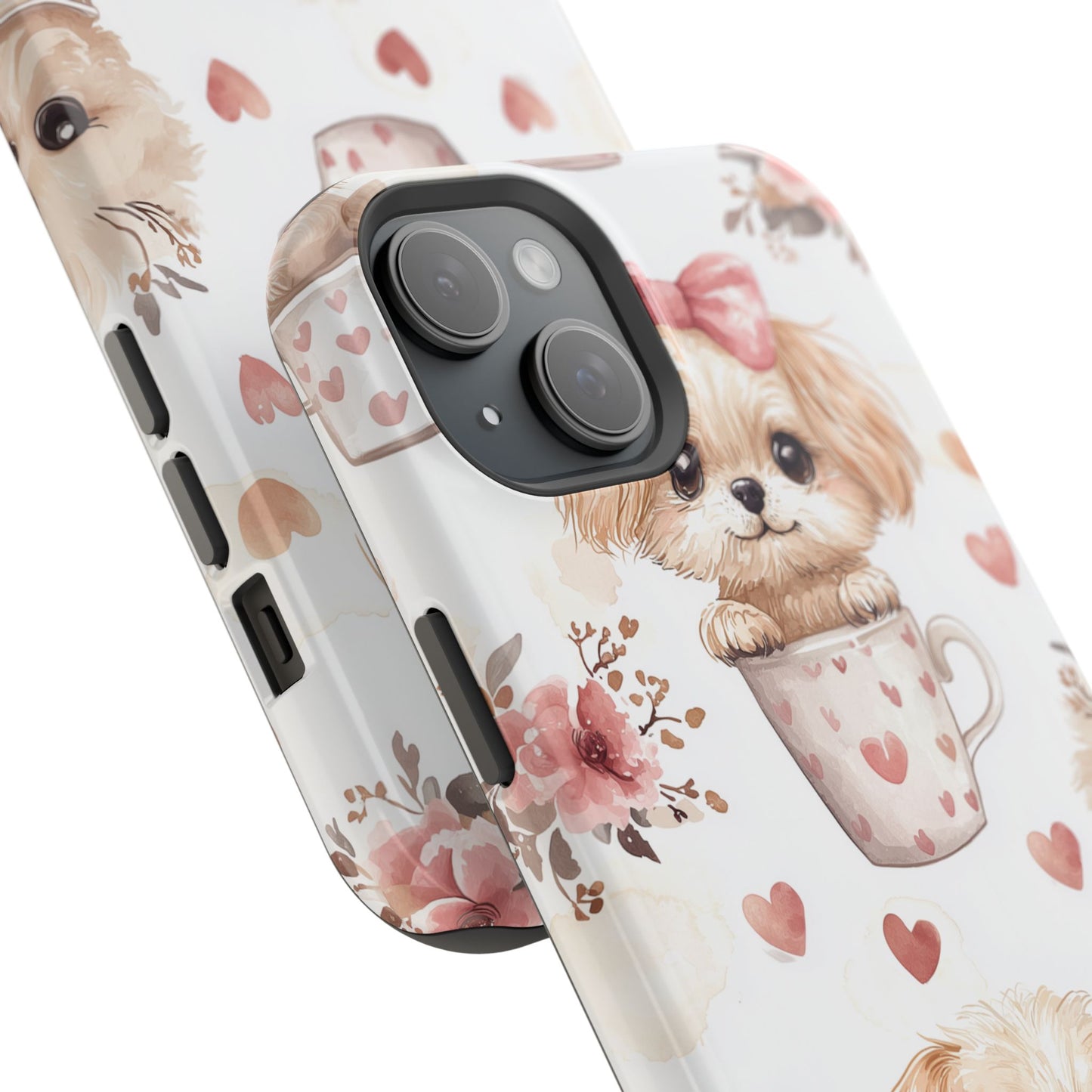 Cute Puppies in Heart MagSafe iPhone Case – Adorable Dog & Floral Design, Shockproof & Slim