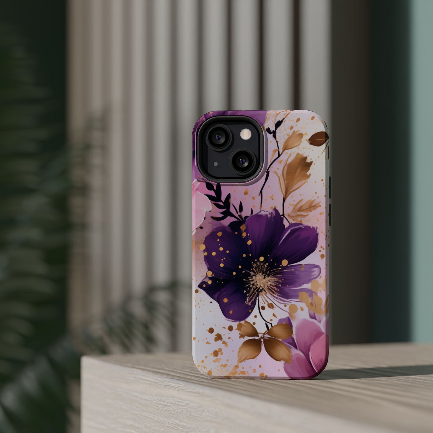 Elegant Purple & Gold Floral MagSafe iPhone Case - Luxe Flower Design