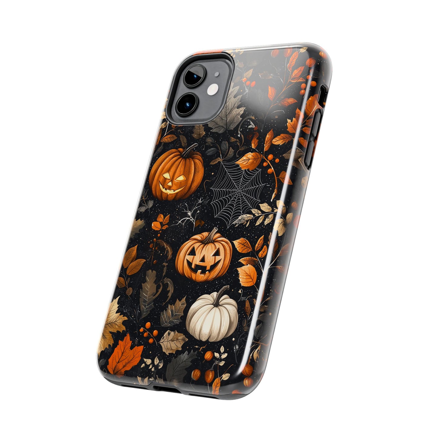 Elegant Halloween iPhone Case – Pumpkin Jack-o'-Lanterns, Cobwebs & Autumn Foliage Design