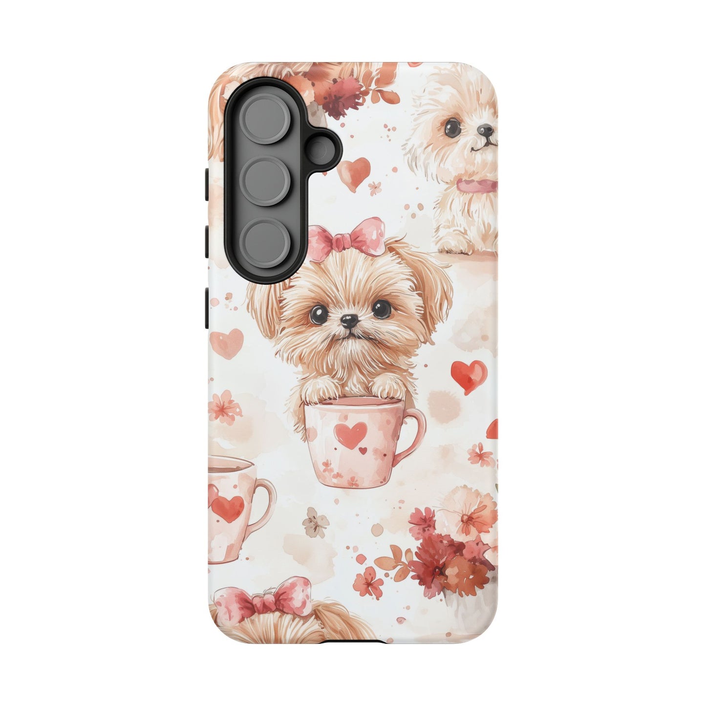 Puppies & Heart Mugs Samsung Galaxy Case – Sweet Dog & Floral Design, Shockproof & Slim