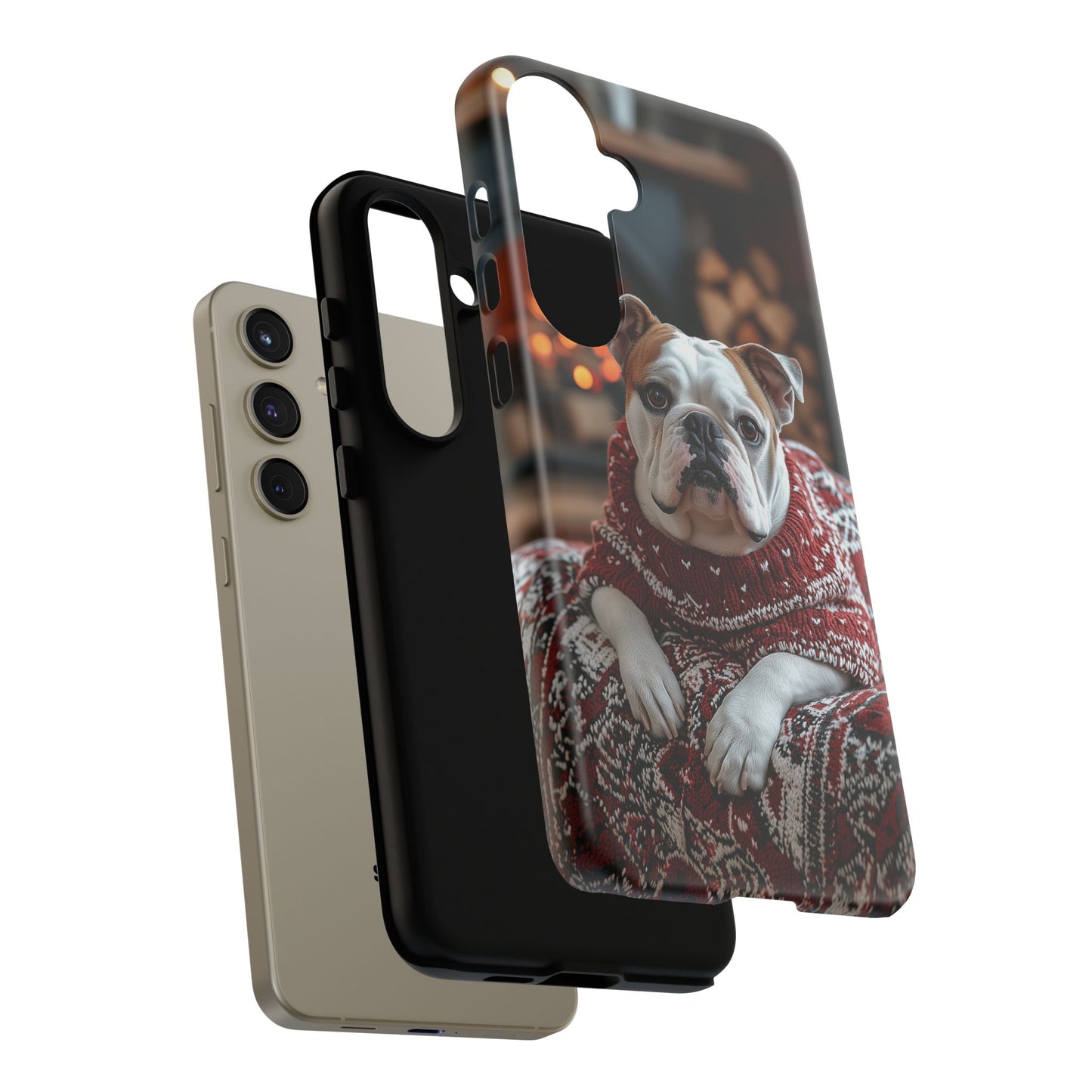 Cozy Bulldog in Sweater Samsung Galaxy Case – Festive Fireplace Protective Cove