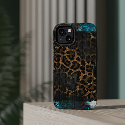 Boho Leopard and Turquoise Tough MagSafe iPhone Case – Rustic Western Design with Dual-Layer Protection