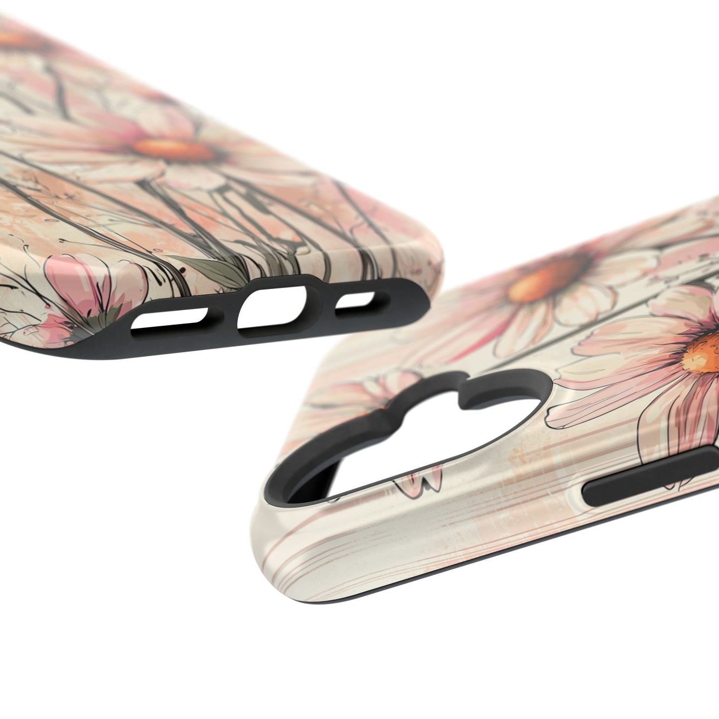 Pastel Pink Daisy MagSafe iPhone Case - Elegant Floral Plaid Protective Cover