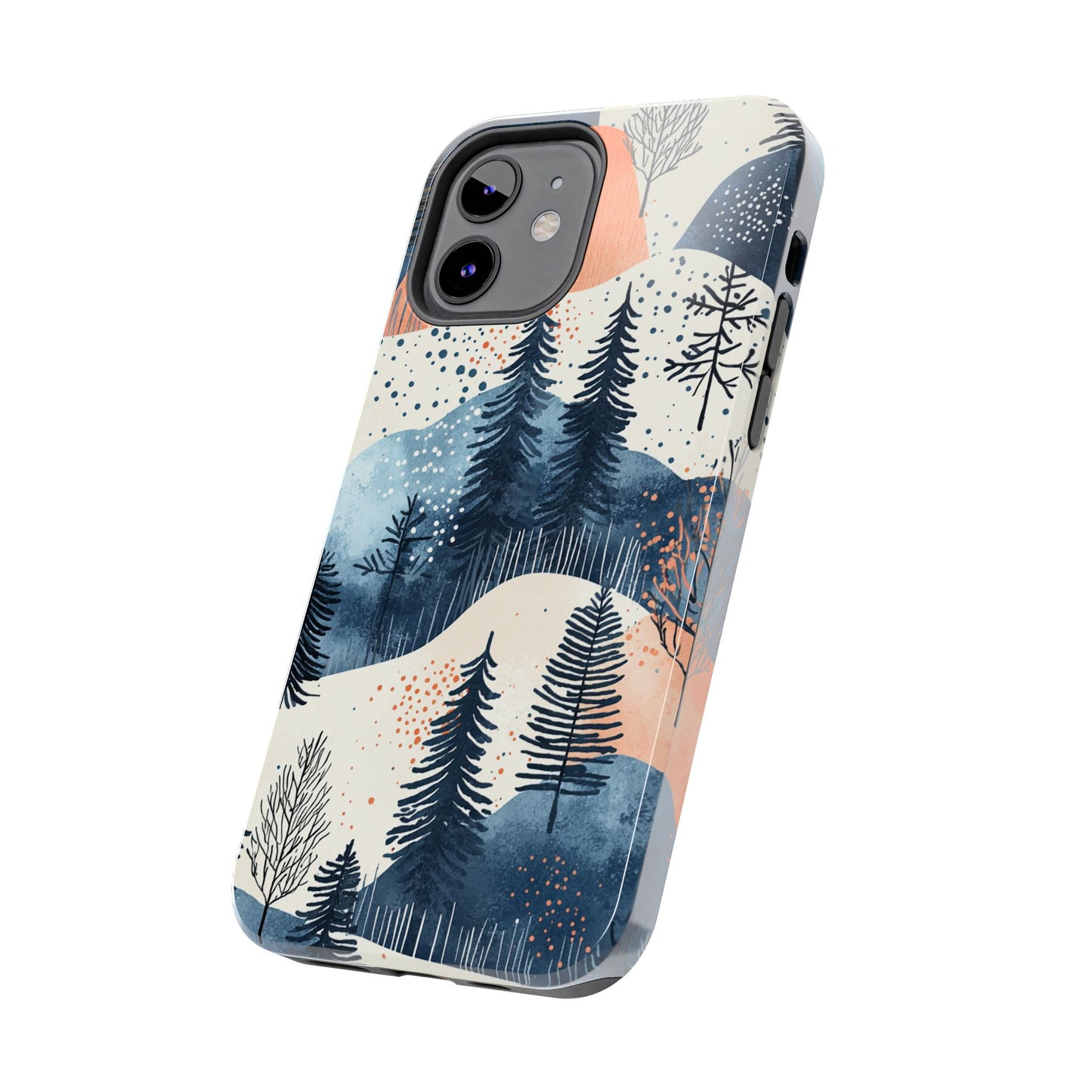 Serene Winter Forest iPhone Case – Tough Protective Cover with Watercolor Pine Tree Covered Mountains - BOGO Cases