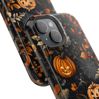 Elegant Halloween MagSafe iPhone Case – Pumpkin Jack-o'-Lanterns, Cobwebs & Autumn Foliage Design