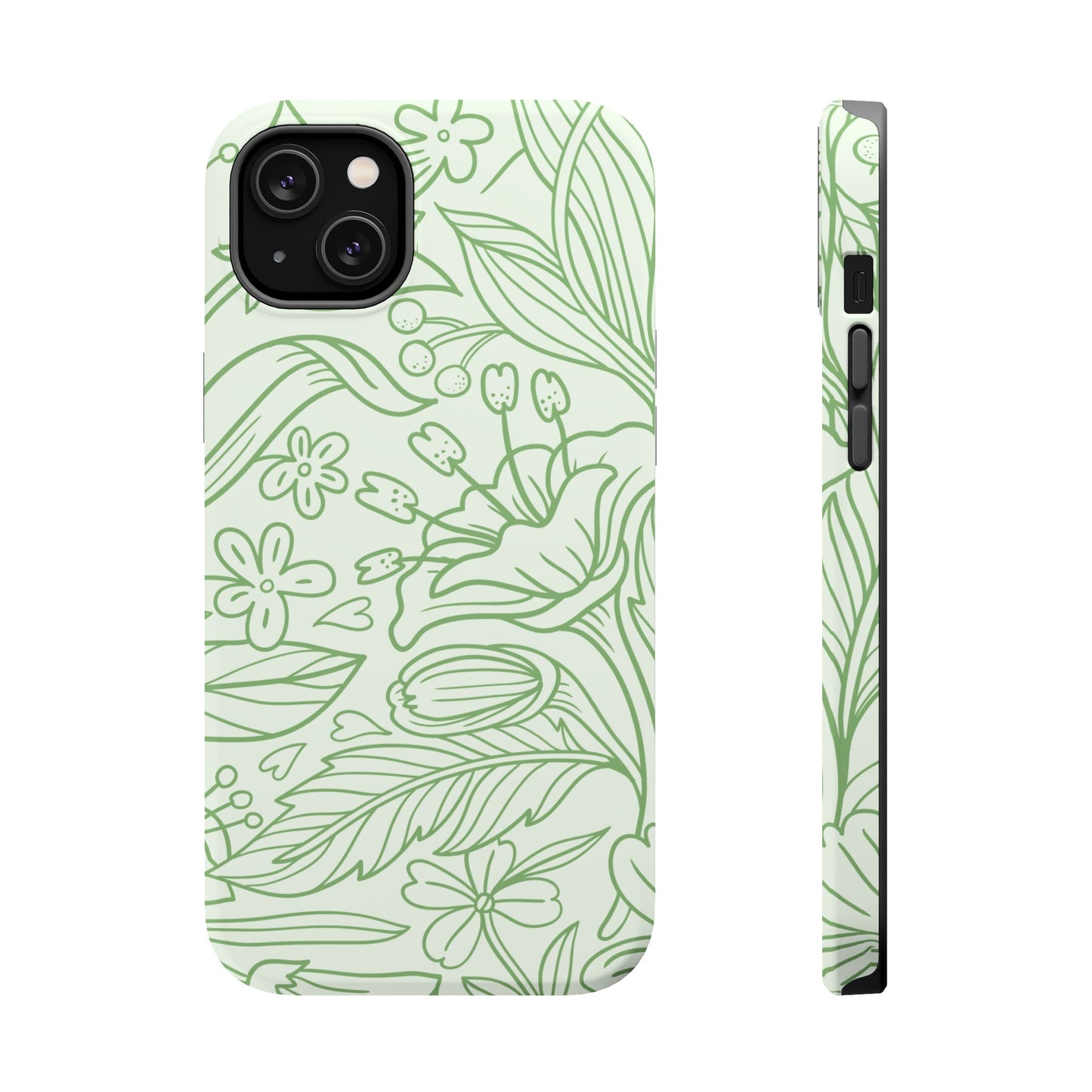 Sage Green Floral Line Art Tough MagSafe iPhone Case – Minimalist Botanical Design with Dual-Layer Protection