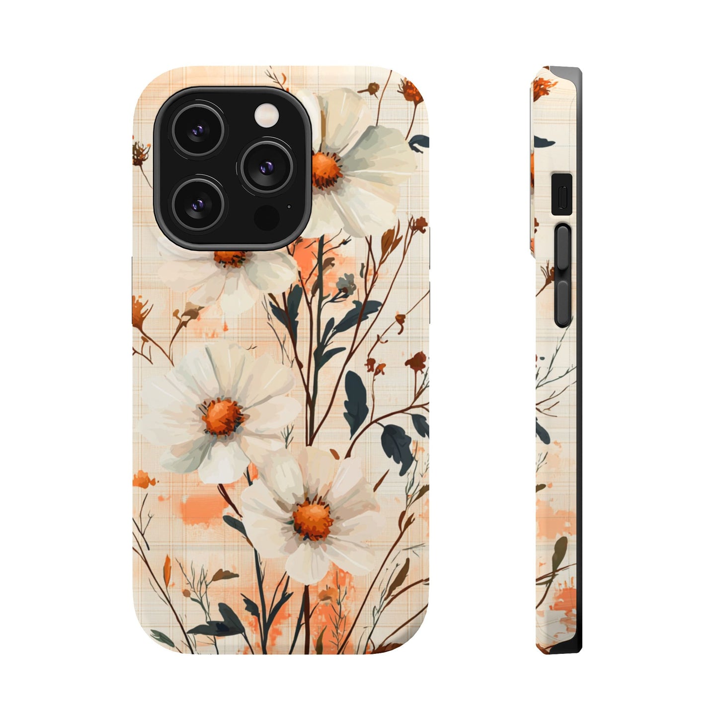 Pastel Orange Floral MagSafe iPhone Case - Elegant Plaid Protective Cover