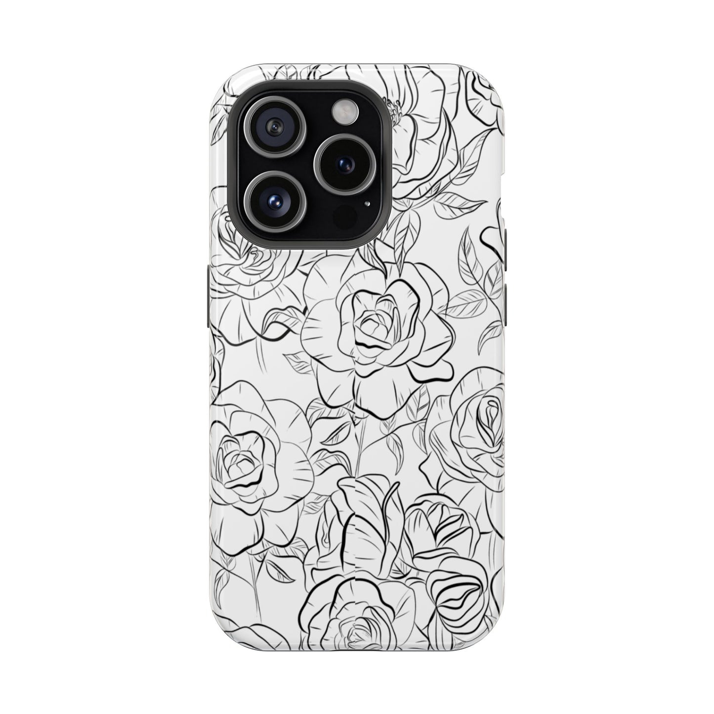 Monochrome Rose Garden Tough MagSafe iPhone Case – Elegant Floral Line Art with Dual-Layer Protection