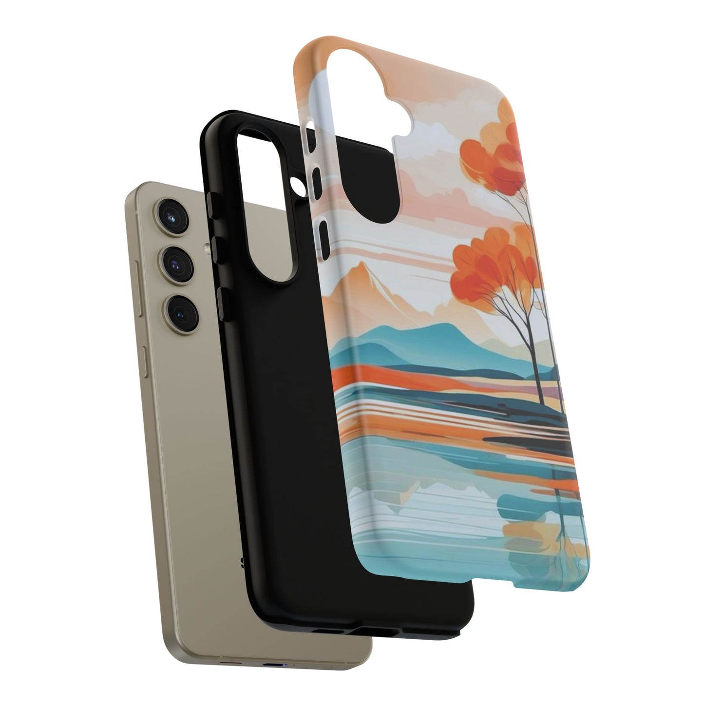 Serene Sunset Lake Samsung Galaxy  Case – Minimalist Landscape Art, Dual-Layer Protection