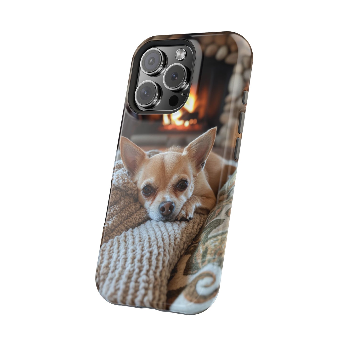 Relaxing Chihuahua by Fireplace MagSafe iPhone Case – Functional and Cozy Design