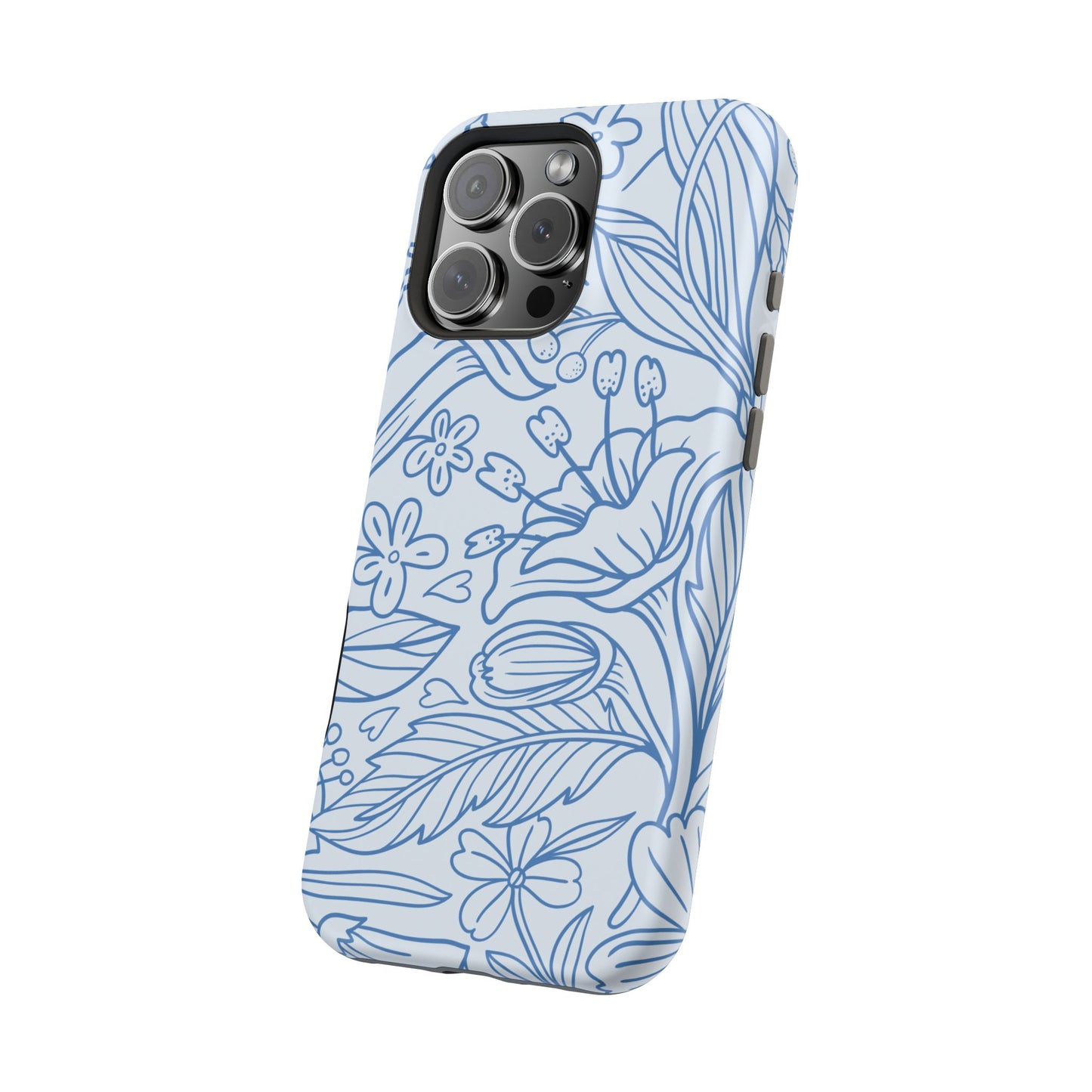 Dusty Blue Floral Line Art Tough MagSafe iPhone Case – Minimalist Botanical Design with Dual-Layer Protection