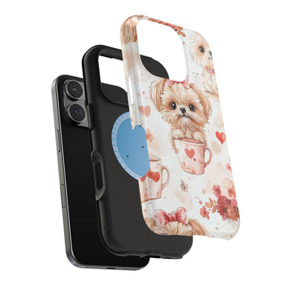 Puppies & Heart Mugs MagSafe iPhone Case – Sweet Dog & Floral Design, Shockproof & Slim