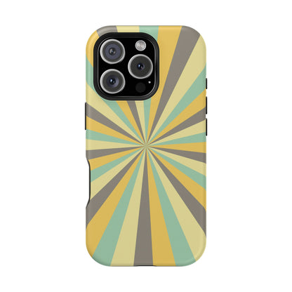 Vintage Sunburst Rays MagSafe iPhone Case – Bold 70s-Inspired Burst in Yellow, Mint, and Gray