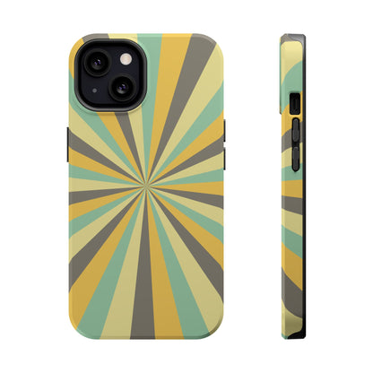 Vintage Sunburst Rays MagSafe iPhone Case – Bold 70s-Inspired Burst in Yellow, Mint, and Gray