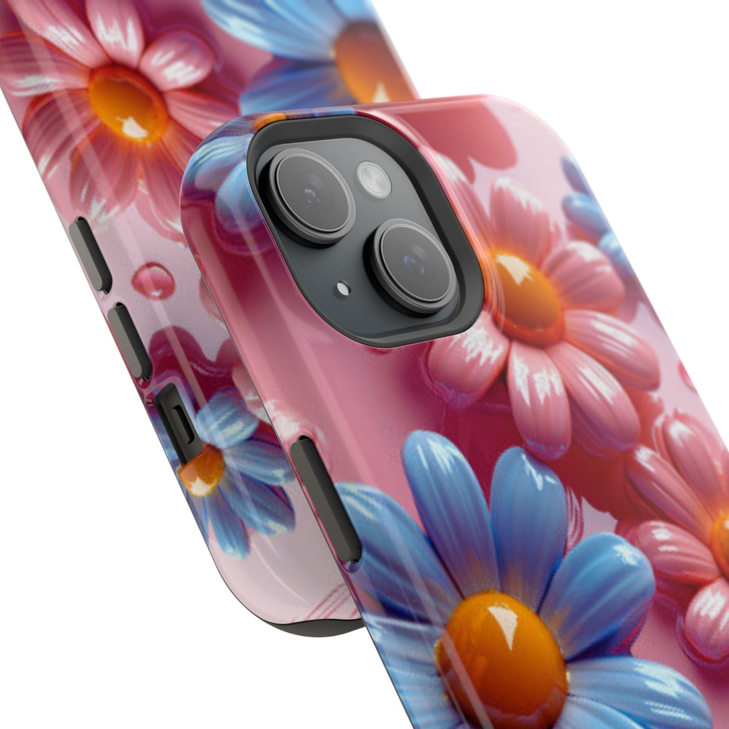 Pastel Daisy 3D MagSafe iPhone Case – Glossy Pink and Blue Floral Design, Full Protection