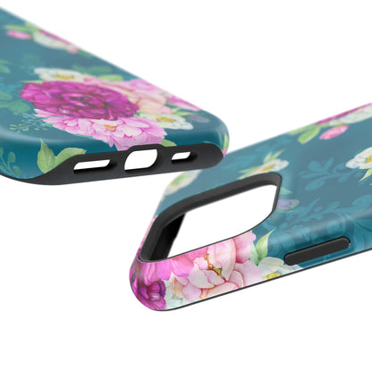 Elegant Peony Bouquet MagSafe iPhone Case – Deep Teal Background with Romantic Floral Design