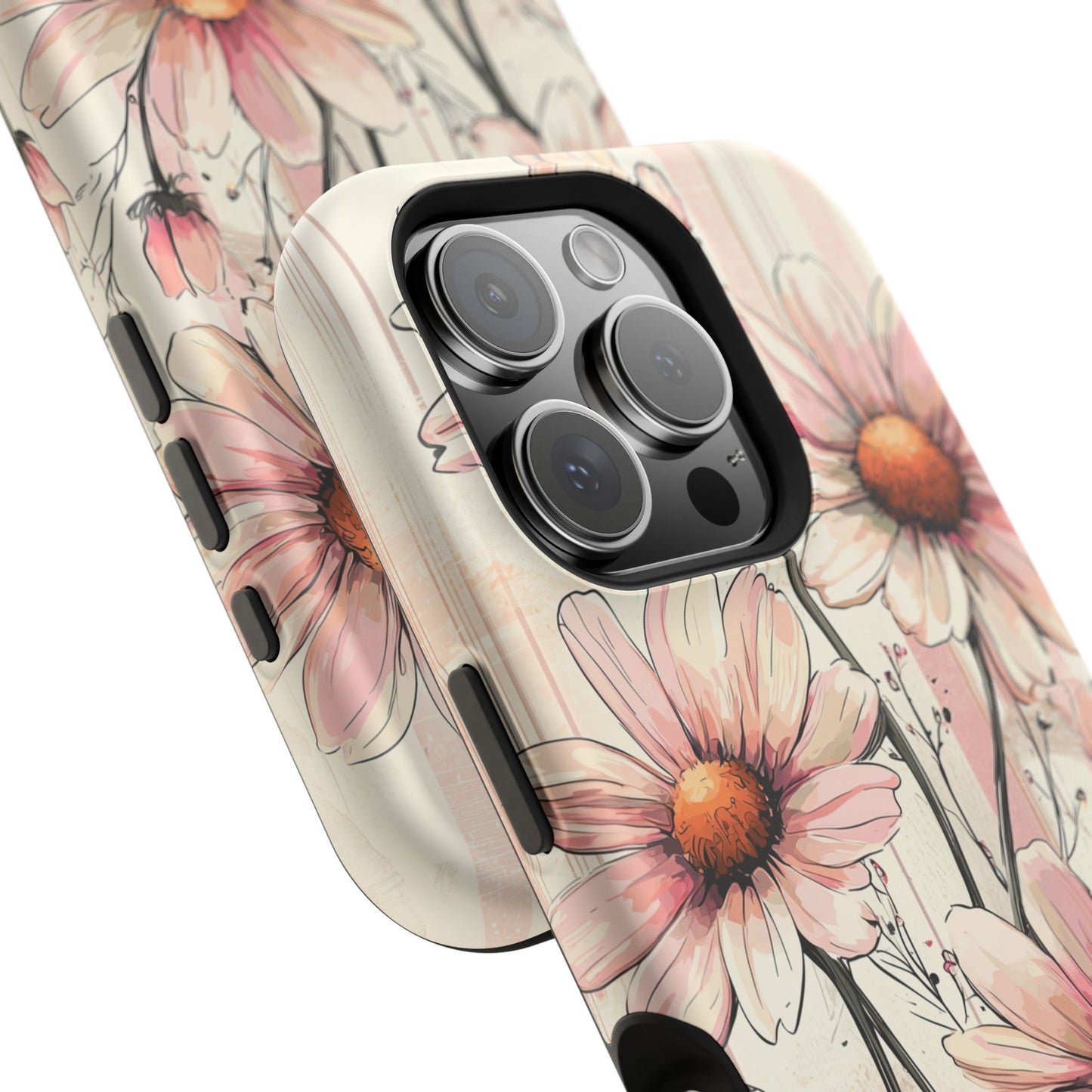 Pastel Pink Daisy MagSafe iPhone Case - Elegant Floral Plaid Protective Cover