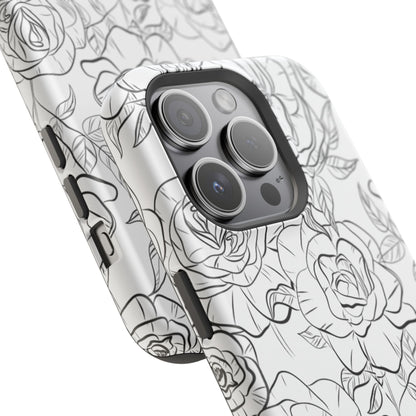 Monochrome Rose Garden Tough MagSafe iPhone Case – Elegant Floral Line Art with Dual-Layer Protection