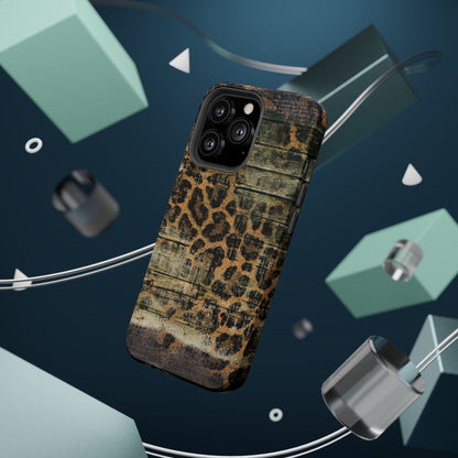 Rustic Wood and Leopard Print Tough MagSafe iPhone Case – Distressed Western Design with Dual-Layer Protection