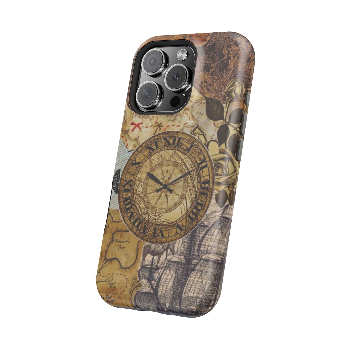 Steampunk Vintage Adventure MagSafe iPhone Case – Dual-Layer Protection with Antique Map and Clock Design