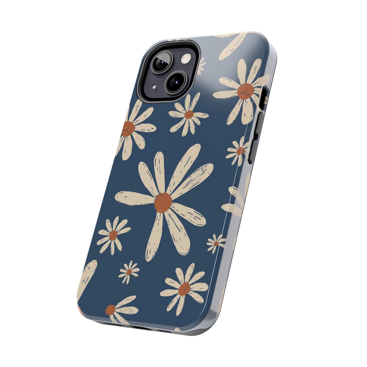 Vintage Daisies iPhone Case – Navy Blue Floral Design, Scratch - Resistant with Shock - Absorbing Bumper - BOGO Cases