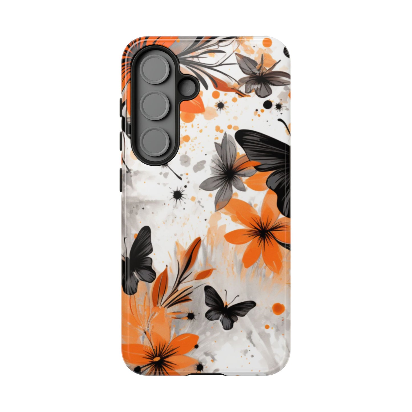 Orange Blossom & Black Butterfly Samsung Galaxy Case – Bold Floral Pattern with Modern Abstract Style