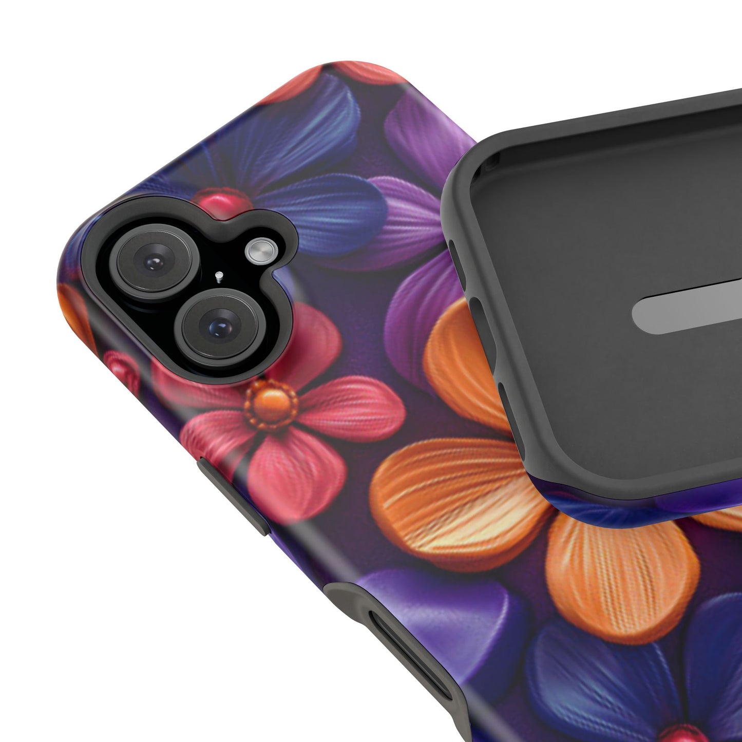 Bold Floral 3D MagSafe iPhone Case – Vivid Purple and Orange Flower Design, Shock-Resistant