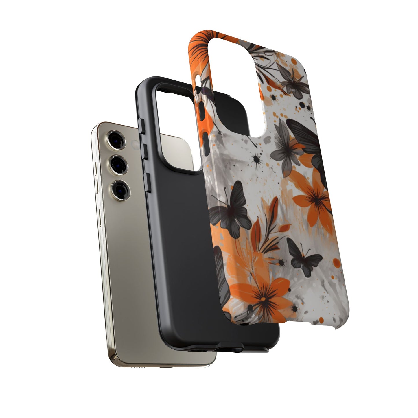 Orange Blossom & Black Butterfly Samsung Galaxy Case – Bold Floral Pattern with Modern Abstract Style