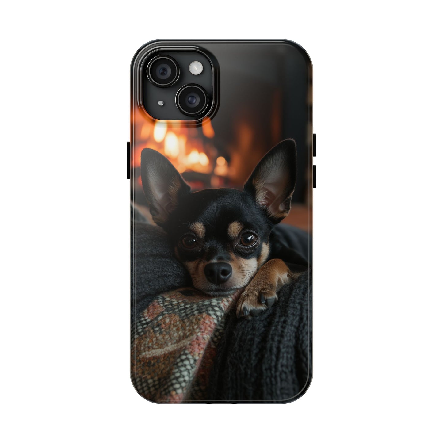 Cozy Chihuahua Fireplace iPhone Case – Warm and Stylish Design